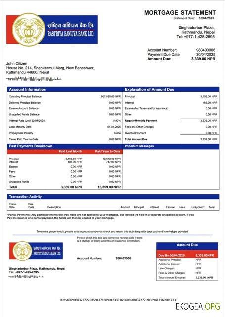 Modèle Word et PDF de relevé hypothécaire de la Rastriya Banijya Bank du Népal